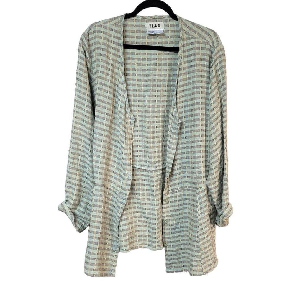 FLAX LINEN LAGENLOOK BLAZER light jacket grid print relaxed fit oversized large